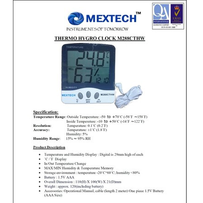 Mextech M288CTHW Digital Thermo Hygrometer with Indoor/Outdoor Temperature